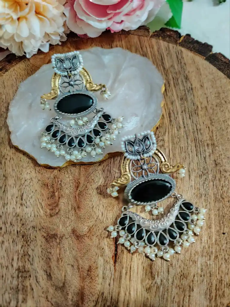 Dual Toned Oxidised Silver Plated Chanbali Lotus Earrings