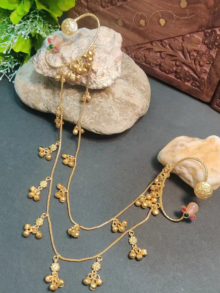 Gold -Plated Earcuff Stud Kundan Earrings with Back Hair Chain Accessorry Earchains
