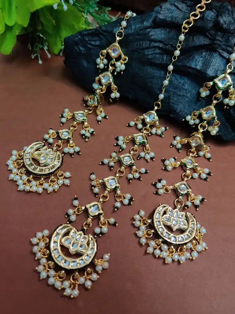 Gold Plated Kundan Studded Chandbali Earrings and Maang Tiika Jewellery Set