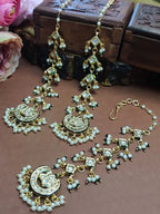 Gold Plated Kundan Studded Chandbali Earrings and Maang Tiika Jewellery Set