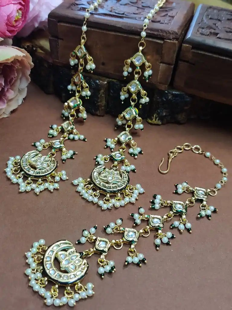 Gold Plated Kundan Studded Chandbali Earrings and Maang Tiika Jewellery Set