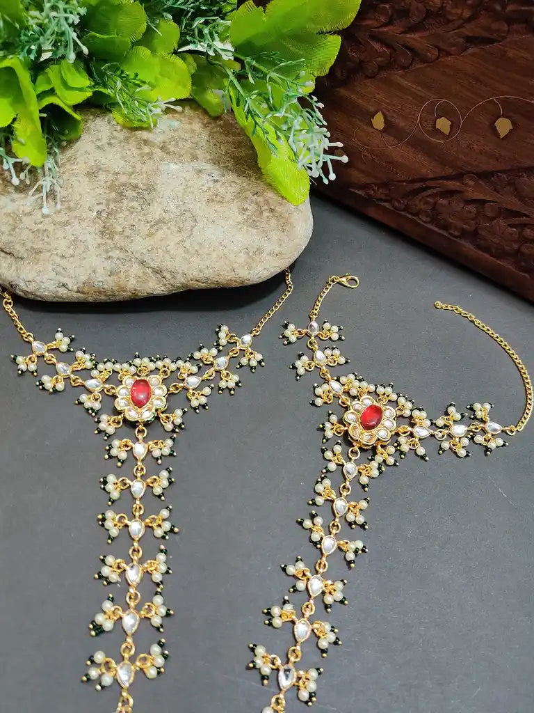 Set Of 2 Gold-Plated Kundan Studded Meenakari Ring Hathphool Pearl Bracelets