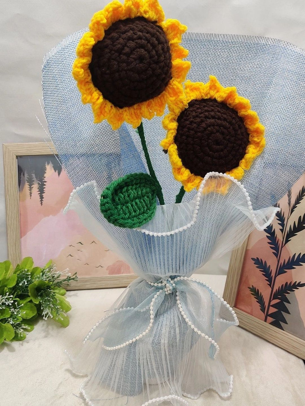 Handmade Crochet Sunflower Bouquet, Set of 2, with Pearl Ribbon Wrap – Yellow