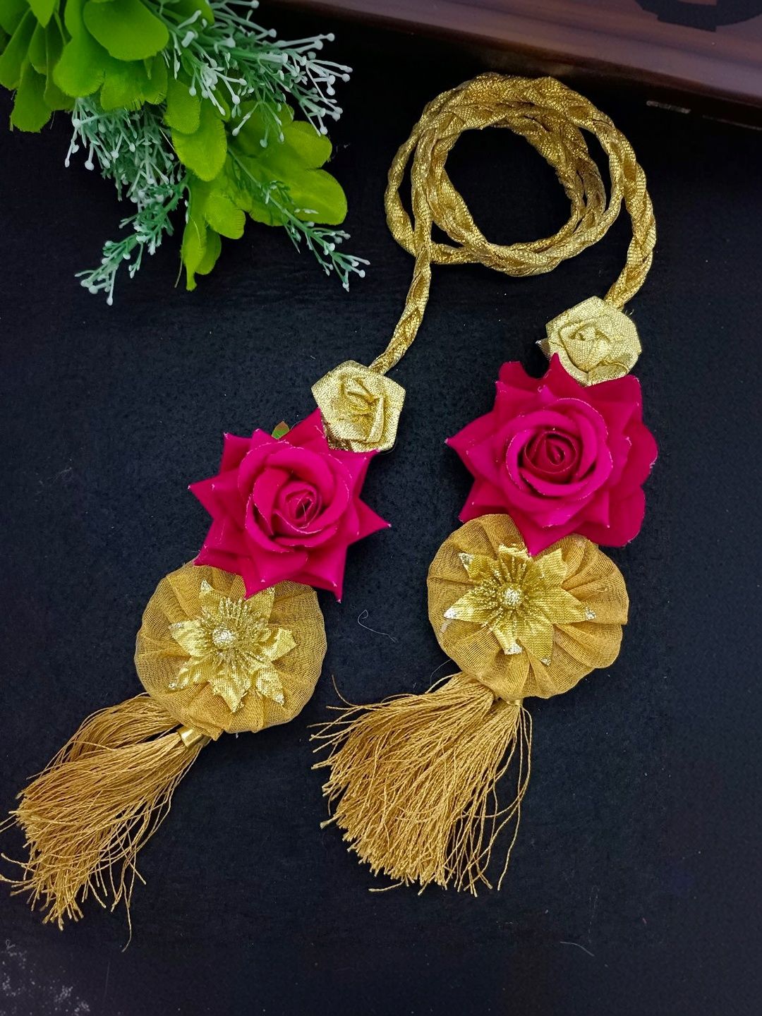 Lace & Gota Flower Choti Paranda Ponytail Braid Holder – Gold & Pink Rose
