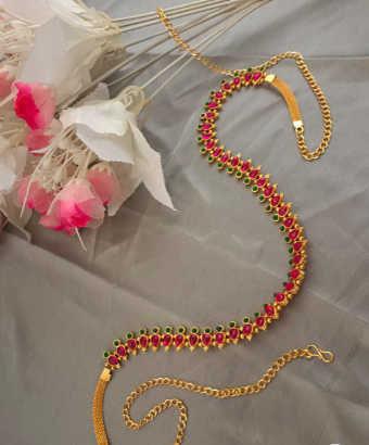 Gold-Plated Pink & Green Stone-Studded Waist Chain Kamarbandh