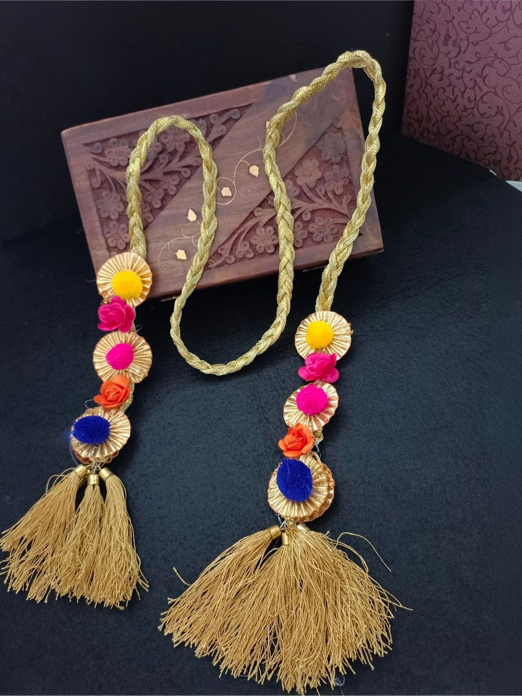 Lace & Gota Choti Paranda Ponytail Braid Holder – Gold & Multicolour Pom-Pom