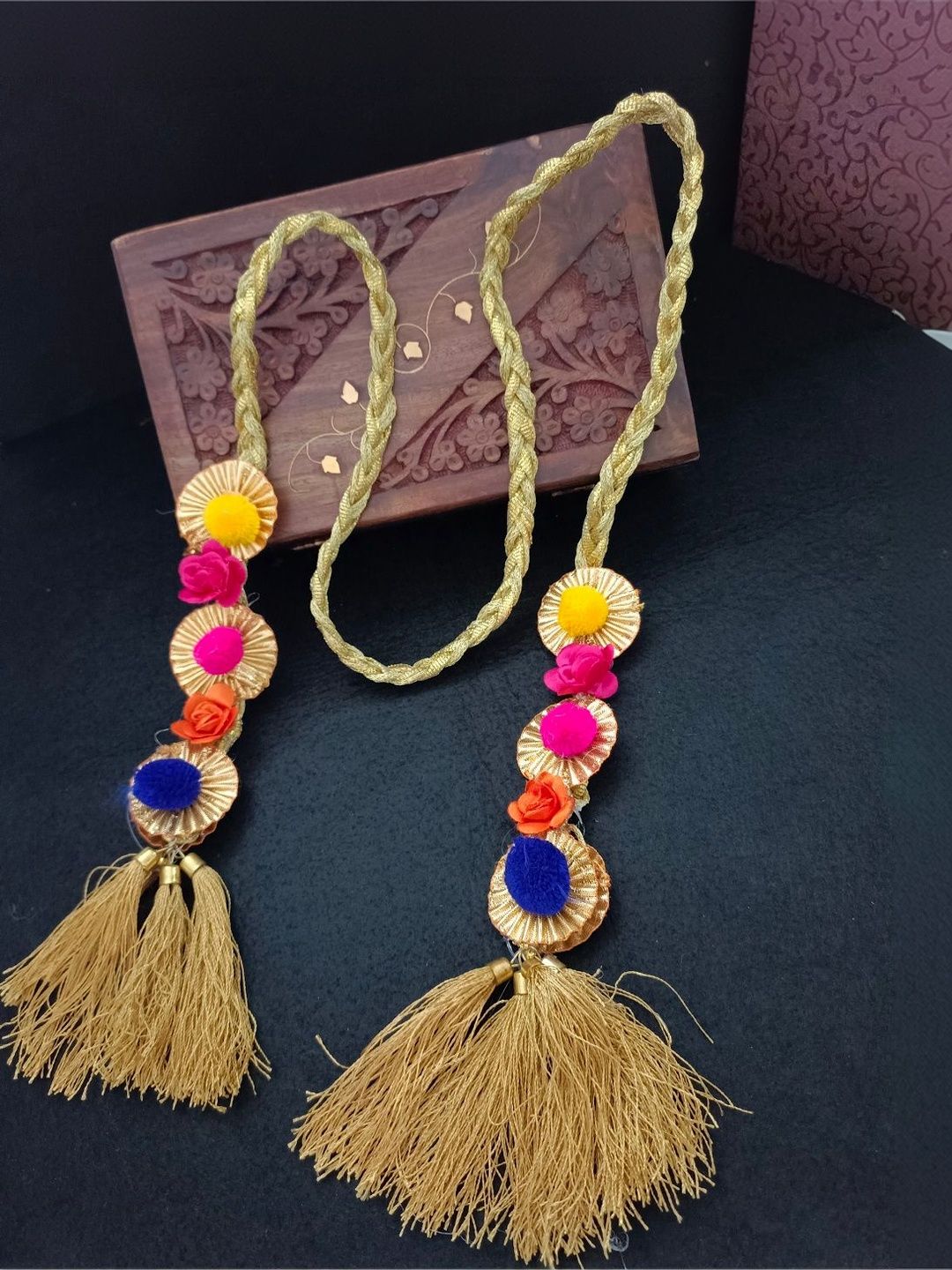 Lace & Gota Choti Paranda Ponytail Braid Holder – Gold & Multicolour Pom-Pom