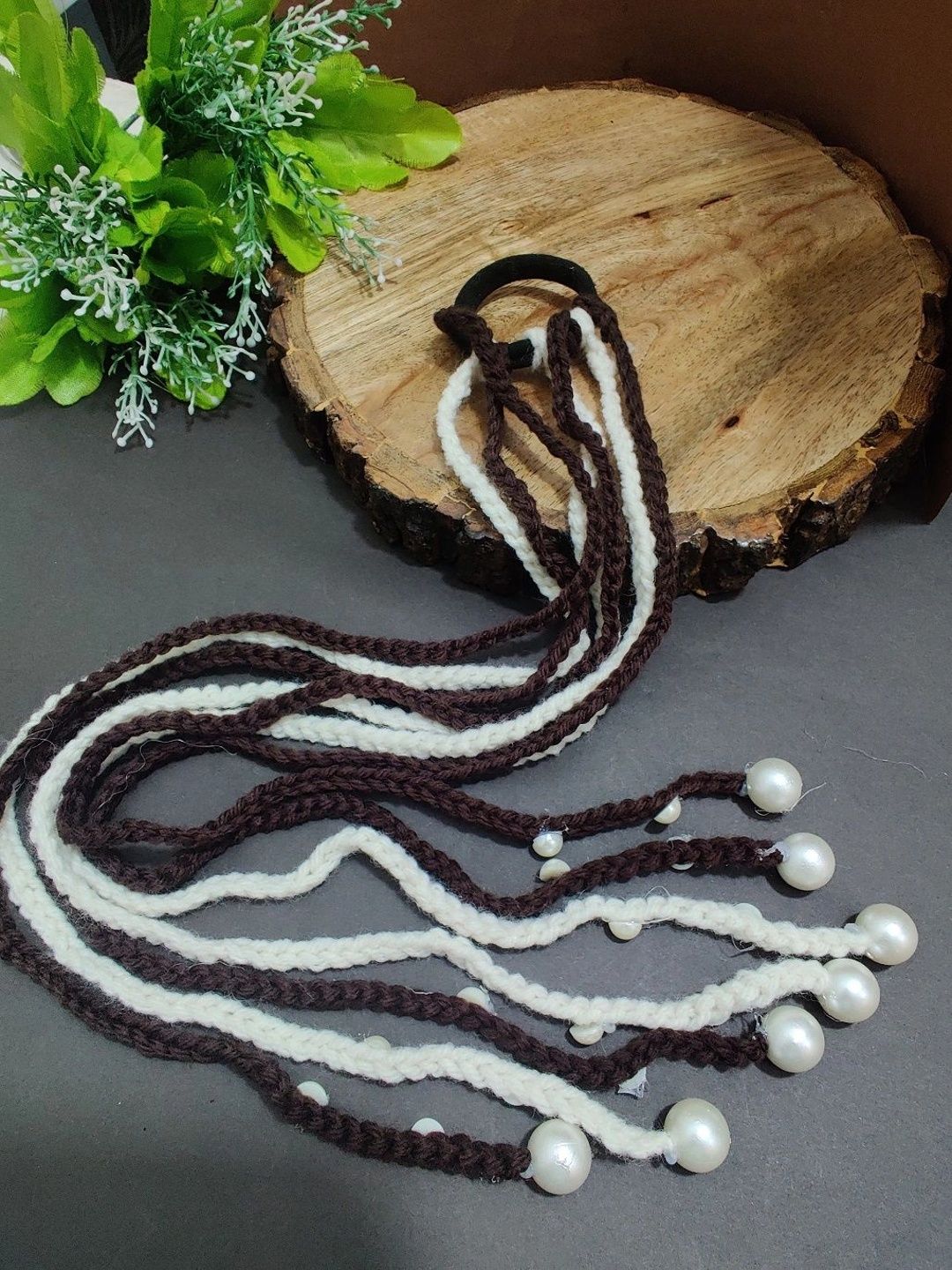 Handmade Crochet Choti Paranda Boho Hair Strings – Brown & White