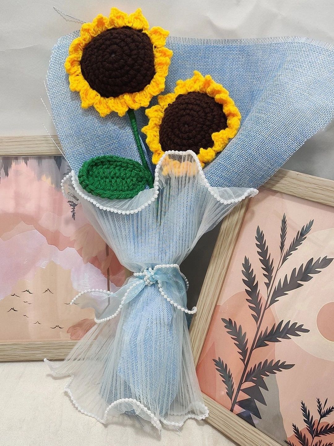 Handmade Crochet Sunflower Bouquet, Set of 2, with Pearl Ribbon Wrap – Yellow