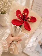 Handmade Crochet Lily Bouquet with Jute & Pearl Ribbon Wrap – Red